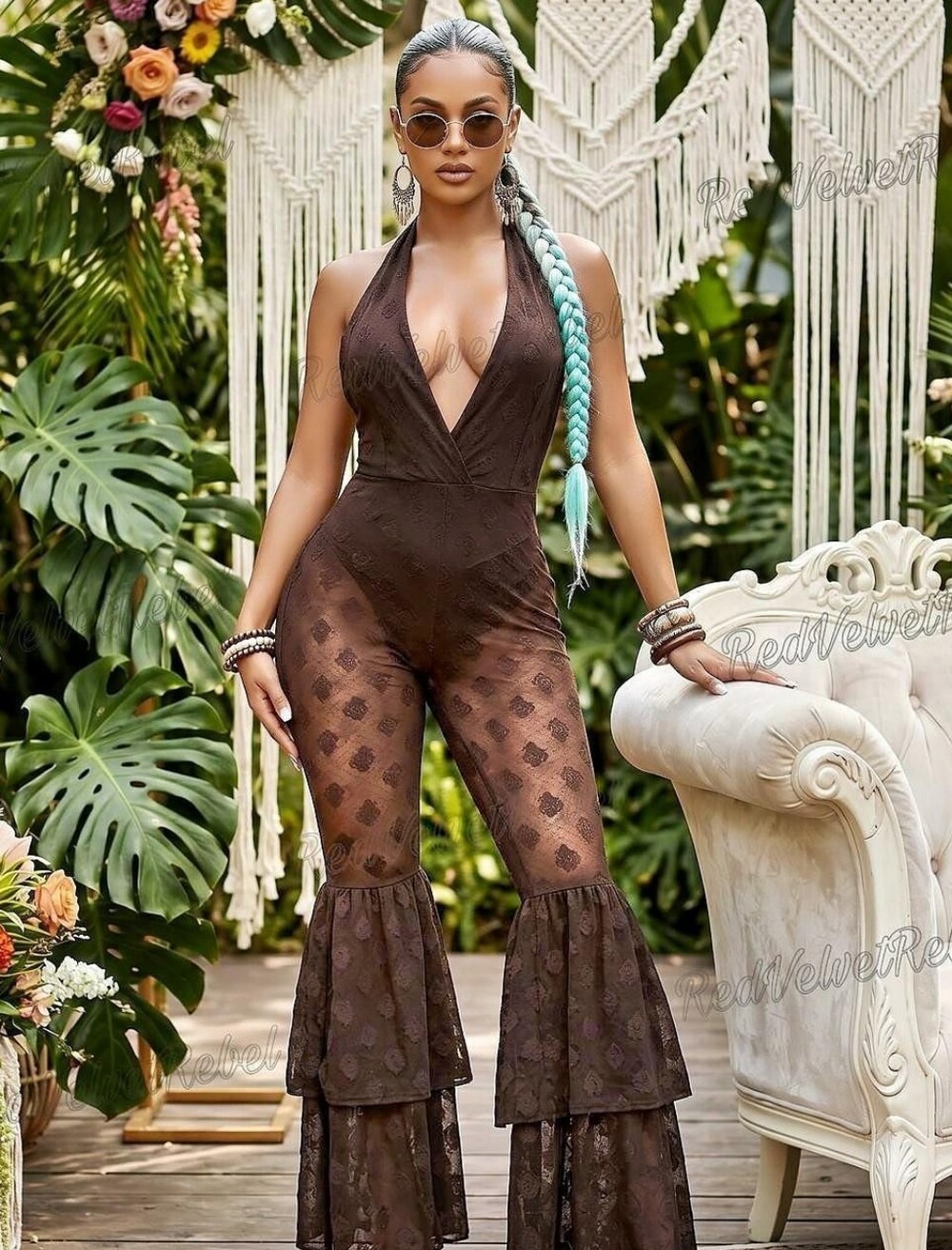 NWT Boho Sexy Plunging Neck Backless Flare Leg Crochet Halter Jumpsuit Sz M